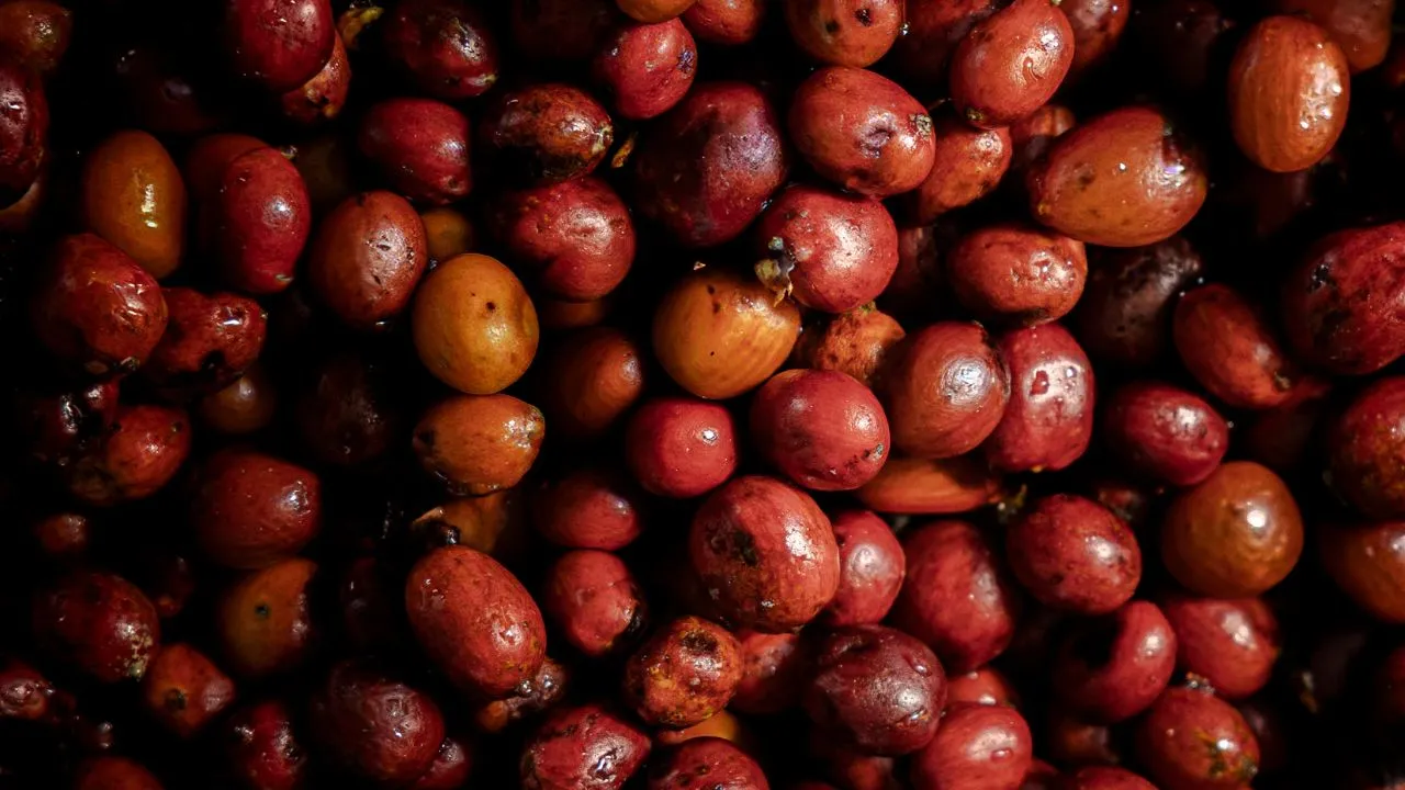 Coffee cherry sorting – Red and orange coffee cherries sorted by appearance during anaerobic coffee processing.